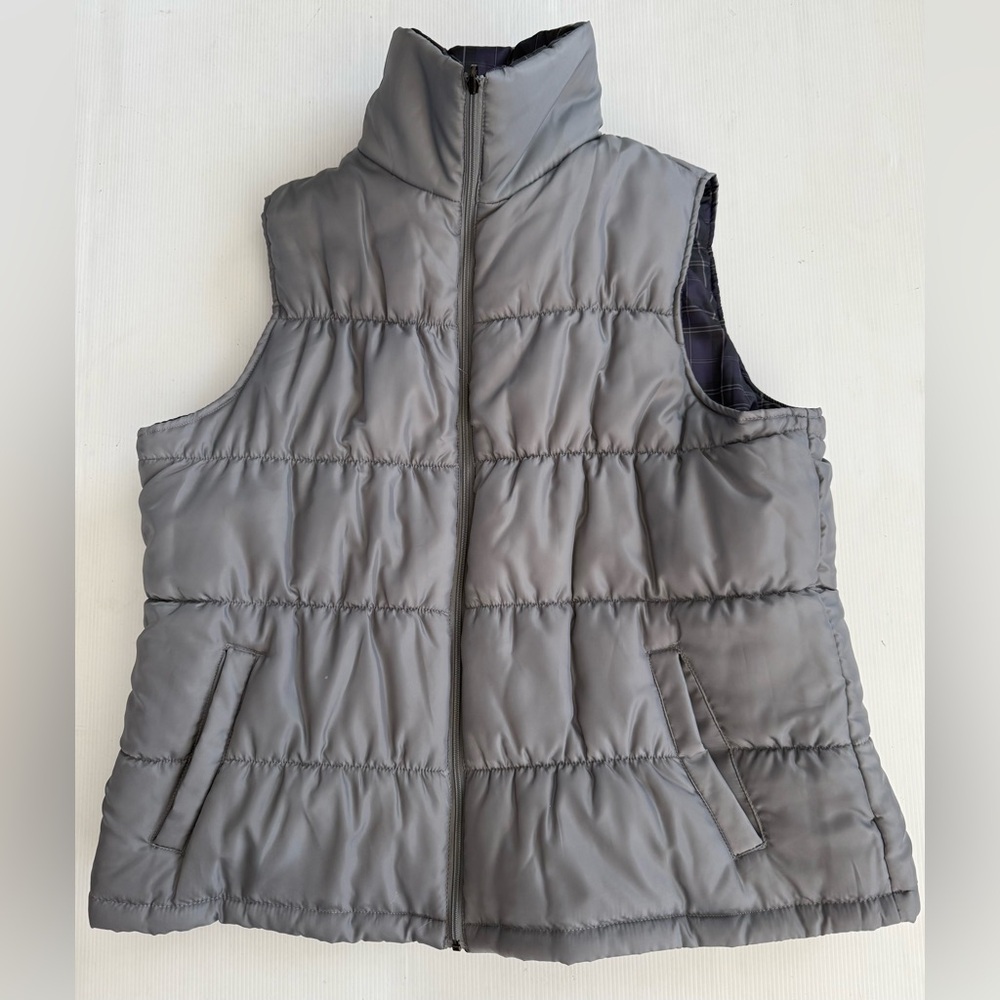 Puffer Vest‎ Gray and Purple Plaid Reversible Full Zip Winter Warm Merona Size 3